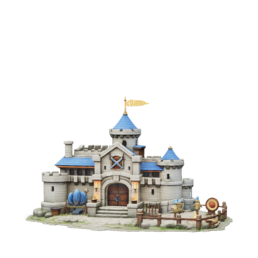 3D Model: stone medieval castle with blue roof towers wooden gate torch ...