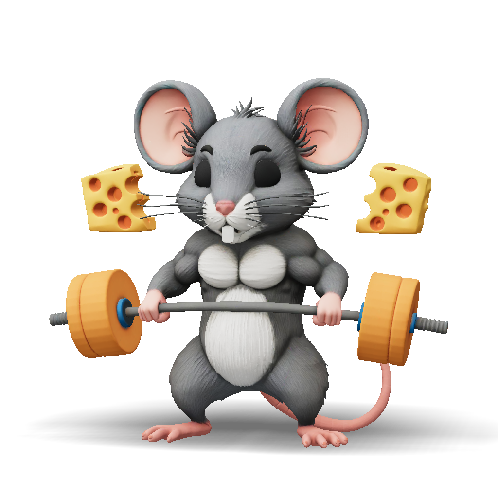 3D Model: gray cartoon mouse weightlifter holding a barbell with cheese ...