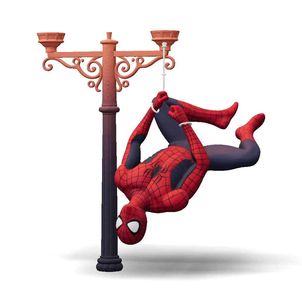 3D Model: spiderman hanging upside down of a lamppost with his web