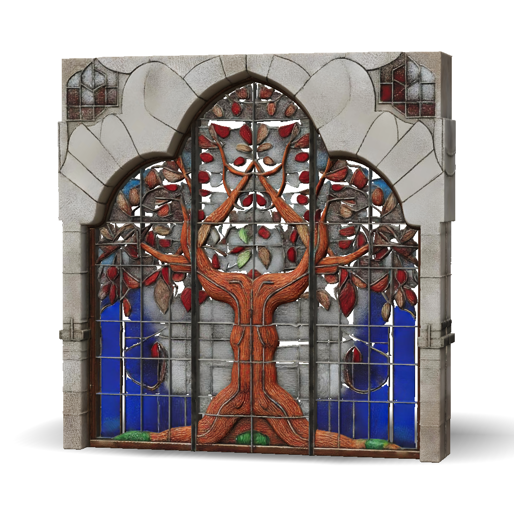 3D Model: stained glass tree window with arching stone frame and ...